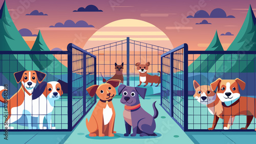 A group of dogs are sitting in a fenced area. The dogs are of different sizes and colors