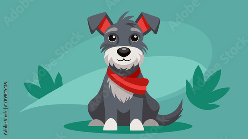 A cartoon dog wearing a red bandana is sitting on the grass. The dog has a happy expression on its face