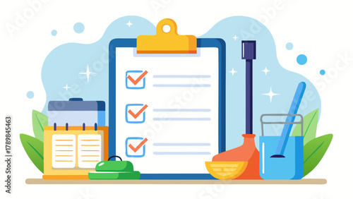 A white clipboard with a green check mark on it sits on a table with a green and yellow toilet brush, a green and yellow cup, and a green and yellow bottle