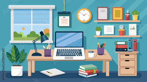 A computer desk with a laptop, a clock, and a potted plant. The desk is cluttered with books and papers, and the room has a blue color scheme. Concept of productivity and organization