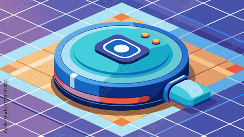 A blue robot vacuum cleaner sits on a blue tile floor. The robot is equipped with a camera and a remote control