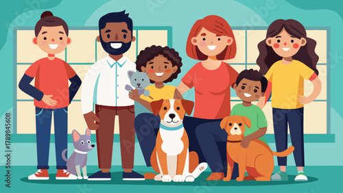 A family of people and their dogs are posing for a picture. The family is diverse, with people of different ages and races. The dogs are of various sizes and breeds