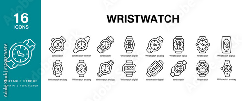 Wristwatch icon set. Includes wristwatch, watch, timepiece, analog, digital and More. Editable Stroke Icon Collection.
