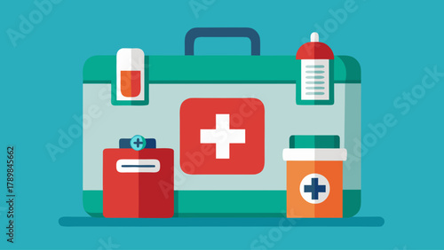 A medical bag with a red cross on it and a bottle of medicine. The bag is green and blue