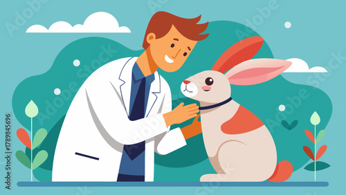 A man in a white lab coat is holding a rabbit. The rabbit is wearing a collar
