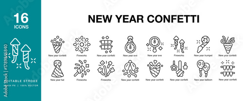 New Year Confetti icon set. Includes newyear, confetti, celebration, festive, party and More. Editable Stroke Icon Collection.