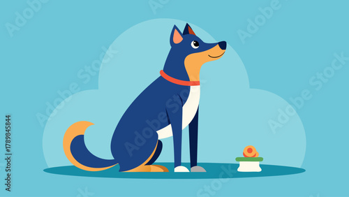 A cartoon dog is sitting on the ground next to a bowl. The dog is wearing a red collar