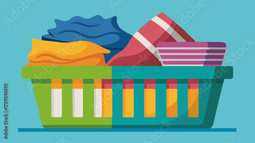 A basket full of clothes and towels. The basket is green and yellow. The clothes are folded and the towels are stacked