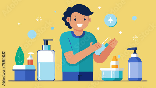 A man is standing in front of a counter with various bottles and containers of personal care products. He is smiling and he is enjoying himself. Concept of relaxation and self-care