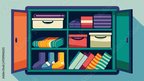 A colorful closet with many items inside. The closet is open and the items inside are neatly organized