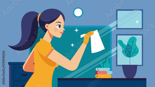 A woman is cleaning a window with a paper towel. Concept of cleanliness and orderliness