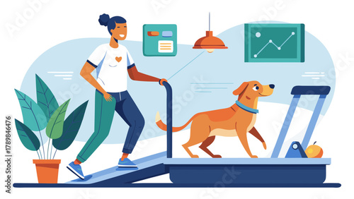 A woman is running on a treadmill with her dog. The dog is wearing a collar and is following her. The woman is smiling and she is enjoying her workout