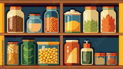 A shelf full of glass jars with various spices and ingredients. The jars are arranged in rows, with some on the left side and others on the right. The shelf is made of wood and has a blue color