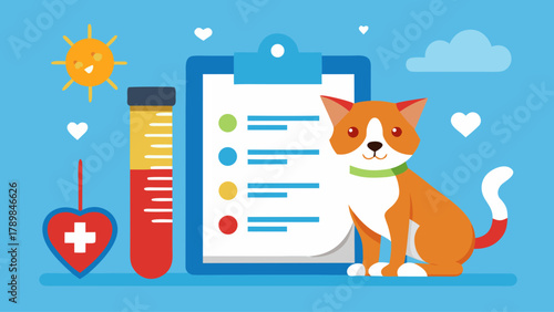 A cat is sitting on a clipboard next to a blood test tube and a heart. The cat is smiling and the clipboard has a list of things to do