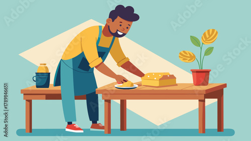 A man is cutting a cake on a wooden table. He is wearing an apron and has a smile on his face. The cake is placed on a plate and is ready to be served. Concept of warmth and happiness