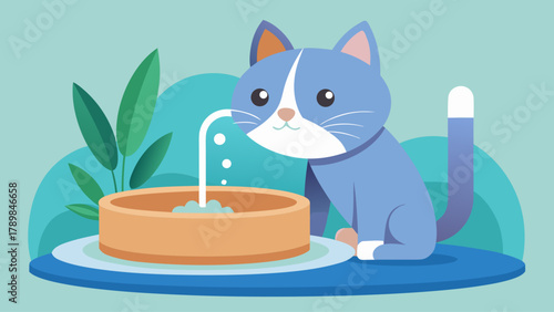 A cat is sitting in a bowl of water. The cat is smiling