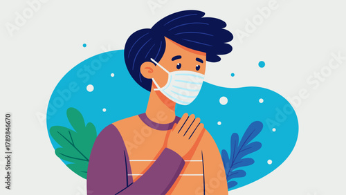 A man wearing a mask is praying. The man is wearing a purple shirt. The background is blue