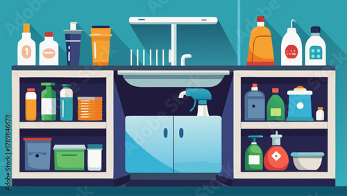 A kitchen with a sink and a counter full of cleaning supplies. The bottles are of various sizes and colors