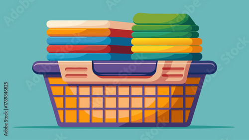 A basket full of clothes is shown on a blue background. The basket is orange and has a purple handle. The clothes are folded and stacked neatly in the basket. Concept of organization and cleanliness