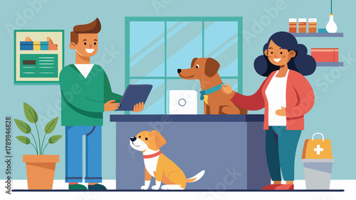 A man and a woman are standing in front of a counter with a dog sitting in front of them. The man is holding a tablet and the woman is petting the dog