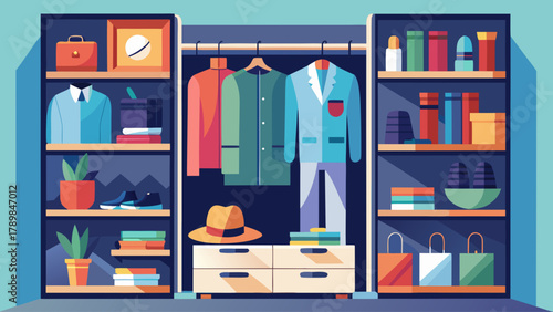 A colorful, cartoonish image of a closet with clothes hanging on hangers and shelves. The clothes are organized by color and style, and there are several books on the shelves