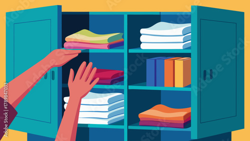 A person is reaching into a blue closet to grab a shirt. The closet is full of clothes and books