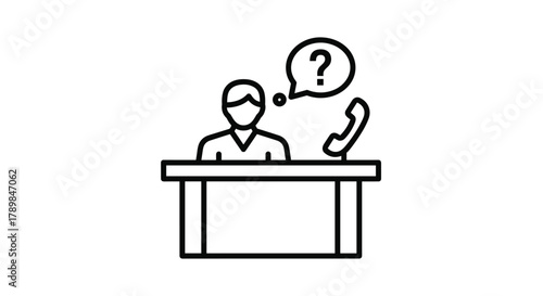 Confused customer service agent at desk with question mark and phone seeking answers for client inquiries and support requests, Generative AI.