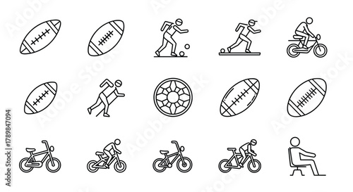 Dynamic line art icons depicting sports cycling and active pursuits for engaging modern designs and healthy lifestyle promotions, Generative AI.