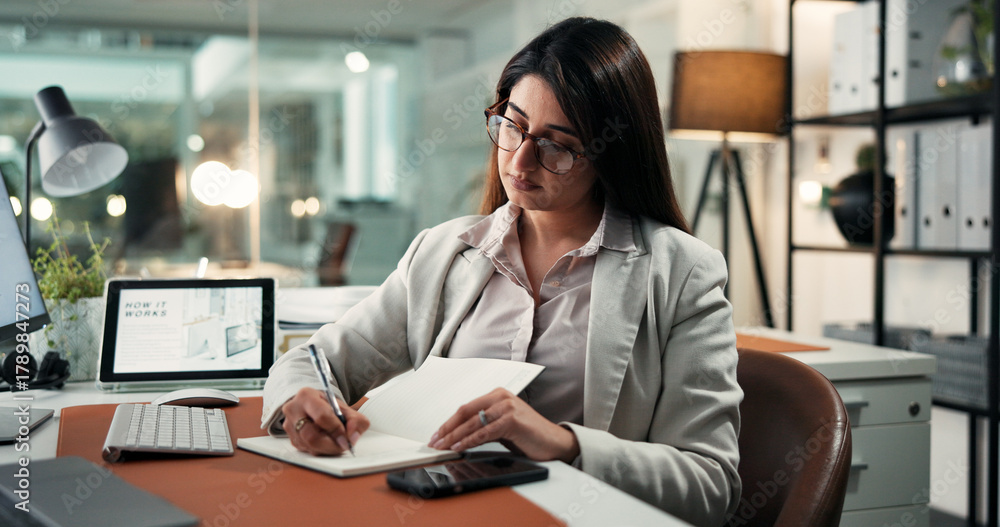 Notebook, writing and businesswoman in office with research for finance agenda or reminder. Plan, schedule and female financial advisor with diary for calendar with corporate targets in workplace.