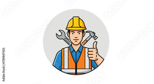 Skilled construction worker giving a thumbs up with tools ready for any project ensuring quality and safety for successful completion, Generative AI.