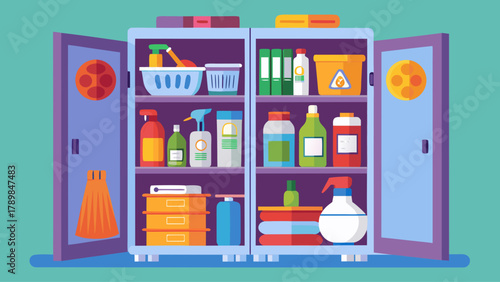 A blue cabinet with two doors and a lot of bottles and containers inside. The cabinet is full of cleaning supplies and other items