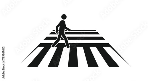 Man confidently walks across a stark black and white pedestrian crossing symbolizing safe passage and urban movement, Generative AI.