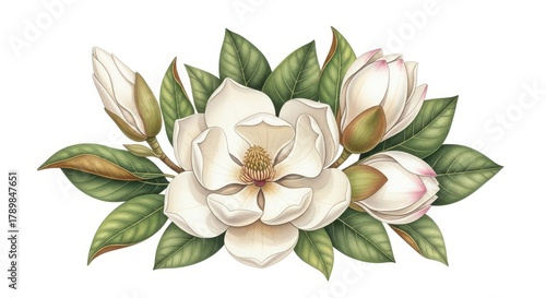 Wallpaper Mural Beautiful watercolor painting of white magnolia flowers and green leaves Torontodigital.ca