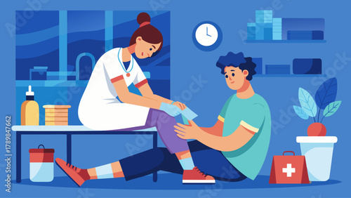 A woman is helping a man with his knee. The woman is wearing a white lab coat. The man is sitting on the floor