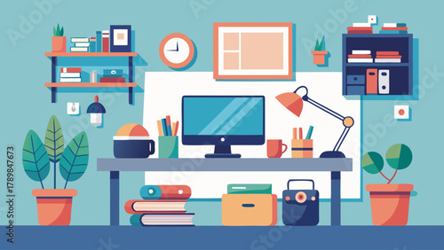 A colorful office scene with a computer monitor, a clock, and a potted plant. The room is well-organized and has a modern, professional feel