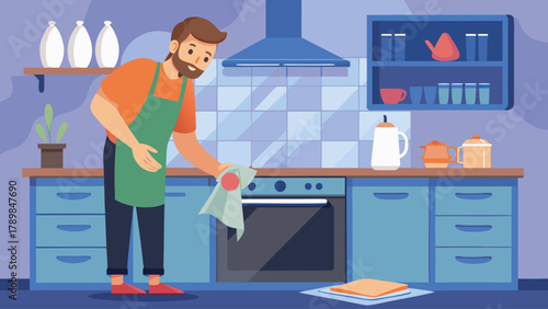 A man is cleaning the kitchen and drying a dish towel. The kitchen is clean and well-organized