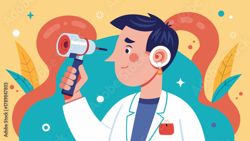 A cartoonish drawing of a man holding a stethoscope. The man is wearing a white lab coat and has a smile on his face. The background features a colorful, abstract design with various shapes