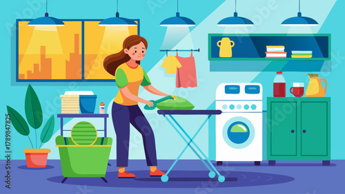 A woman is ironing clothes in a room with a green bucket and a potted plant. The room has a modern design with a white wall and blue accents