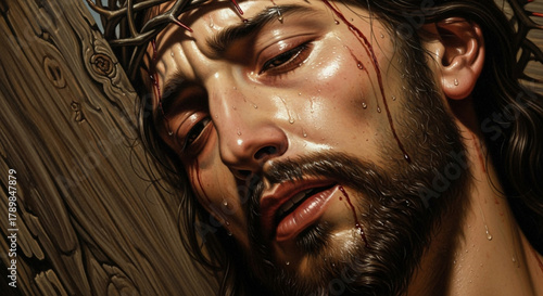 Hyper-realistic close-up painting of the face and upper body of Jesus on the cross. Focus on the raw emotion, fatigue, and gentle acceptance