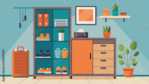 A room with a blue wall and a brown cabinet with a green plant on top. The room is empty and has a minimalist look