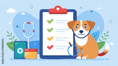 A dog is sitting on a table with a clipboard and a stethoscope. The dog is wearing a stethoscope and he is a veterinarian. The clipboard has a list of tasks for the dog to complete
