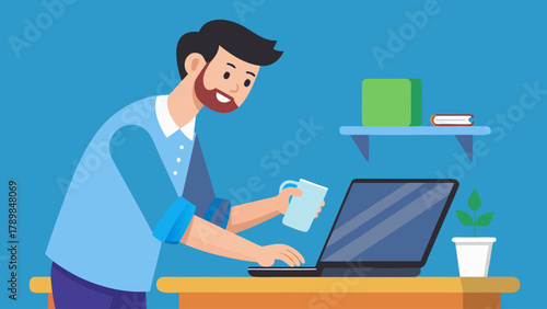 A man is sitting at a desk with a laptop and a cup of coffee. He is smiling and he is enjoying his work
