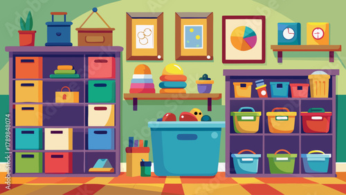 A room with a blue bin and a green bin. The blue bin is full of toys. There is a clock on the wall