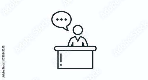 Engaging presenter shares ideas from behind a podium with speech bubble conveying communication and knowledge transfer for presentations and meetings, Generative AI.