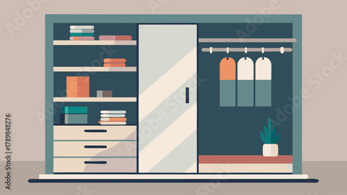 A blue and white closet with a green plant in it. The closet is empty and has a mirror on the wall