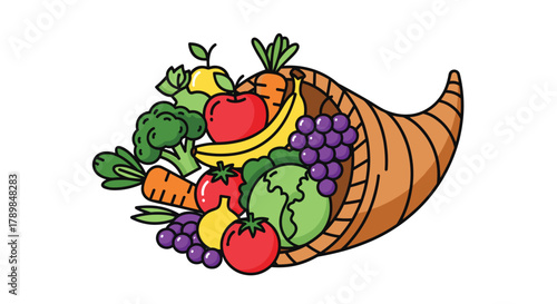 Overflowing cornucopia brimming with vibrant fresh fruits and vegetables symbolizing abundance and harvest bounty, Generative AI.