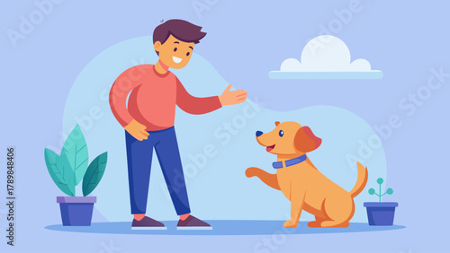 A man is petting a dog. The dog is wagging its tail. The man is smiling