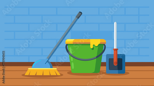 A green bucket with a yellow handle sits on a wooden floor next to a mop and a toilet brush