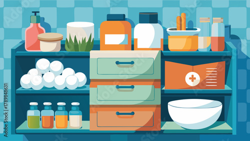 A blue and white kitchen cabinet with a variety of items including a bowl, a bottle, and a box