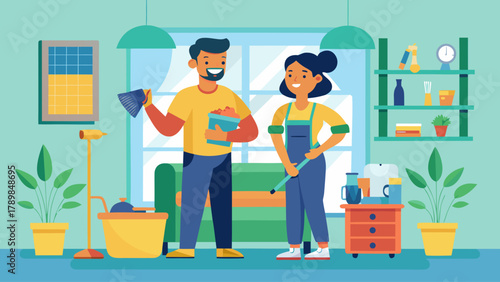 A man and a woman are cleaning a house. The man is holding a broom and the woman is holding a mop. They are both smiling and seem to be enjoying their cleaning